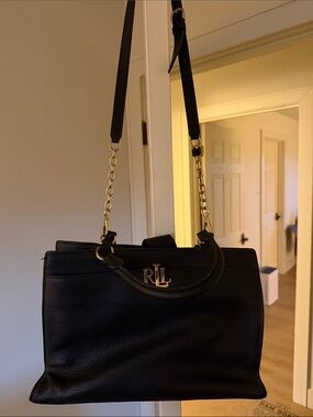 Lauren Ralph Lauren Black Leather Satchel with Gold RL Logo